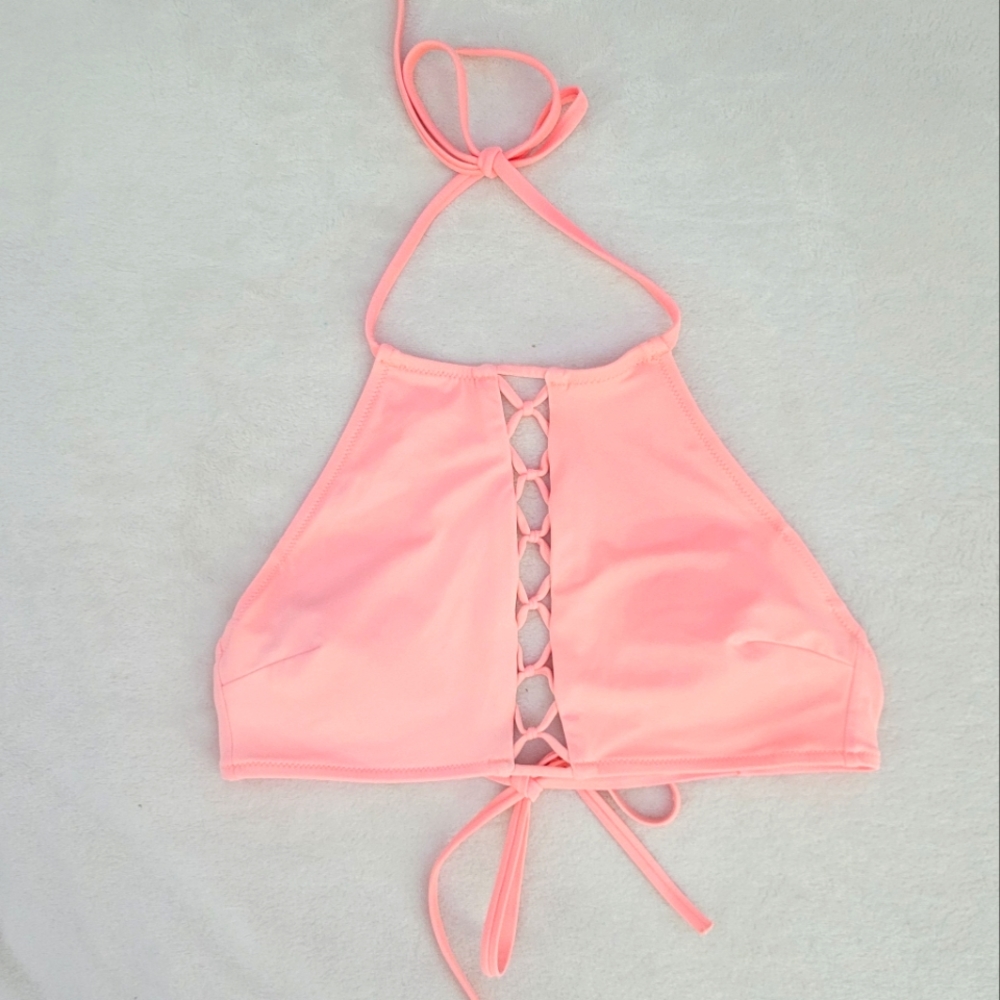 Victoria Secret PINK Bikini Top Swimsuit Adjustable Halter Neck Coral Sz Small